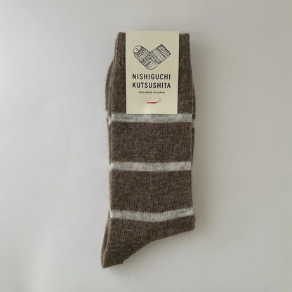 Nishiguchi Kutsushita Oslo Mohair Wool Border Sock Mocha Beige Large | Nishiguchi Kutsushita | Miss Arthur | Home Goods | Tasmania