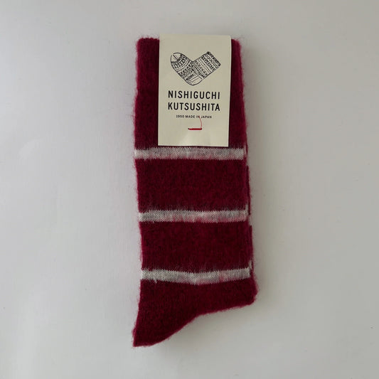 Nishiguchi Kutsushita Oslo Mohair Wool Border Sock Wine Large | Nishiguchi Kutsushita | Miss Arthur | Home Goods | Tasmania